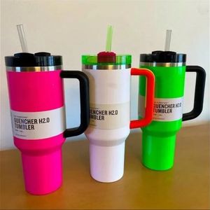 Elektrische neon Wit zwart roze geel groen rode quencher H2.0 Tumblers 40 oz kopjes met handgreeplid en stro auto mokken chocolade goud 40 oz waterflessen 0328