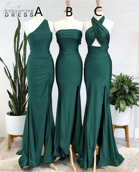 Robes de demoiselle d'honneur vert foncé sirène décolleté mixte conçu robes de soirée de mariage robes de balayage train soie satin plissé demoiselle d'honneur robes sur mesure robe