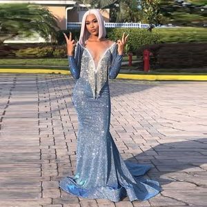 Glitter Blue Luxe Mermaid Prom Dresses lange mouwen lange mouwen diep v nek kwast kristallen glanzende plus size Afrikaanse meisjes avondfeestjurken op maat gemaakt