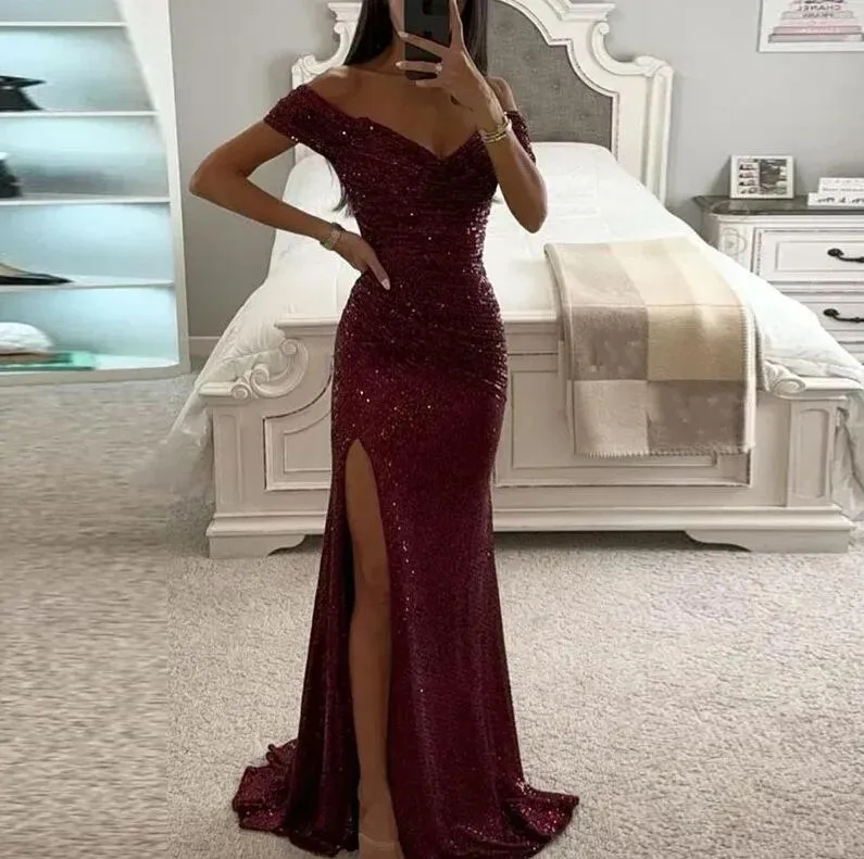 Elegant Off the Shoulder Sequined Mermaid Bridesmaid Dresses With Side Slit Elegnat Maid of Honor Wedding Guest Evening Prom Gowns BC18214