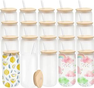 Entrepôt américain CA !!! Expédier en 24h 16oz Sublimation Tasses en verre dépoli Tasses vierges avec couvercle en bambou Verres à bière transparents Tumbler Mason Jar Paille en plastique NOUVEAU GG1019