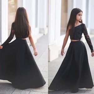 2020 nieuwe bescheiden meisjes Pageant jurken twee stukken een schouder kralen zwart sexy bloem meisje jurk voor kind tieners feest goedkoop gemaakt