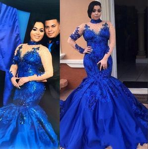 Saoedi-Arabië Royal Blue Prom Dresses Hoge Hals Naakt Mesh Plus Size Lange Mouwen Avondjurken Satijnen Mermaid Forma Dames Feestkleding
