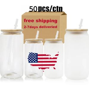 US CA Entrepôt 16 oz Verrerie à soda personnalisée Verre glacé Tasse à café Boisson Tumbler Tasse Verres à bière Canette de bière Verre avec couvercle Paille GG1019