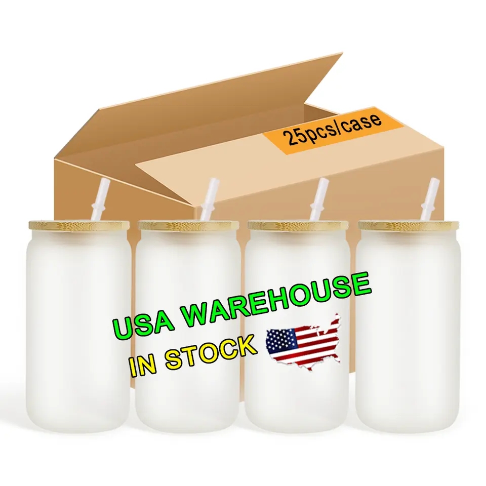 US Warehouse 16oz Sublimation Glasses Canecas de cerveja com tampas de bambu e copos de palha latas de branco Diy Transferência de cocktail Copo de copos de pedreiros gj0418