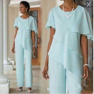 Hot Koop Moeder van de Bruid Jurken Broek Pakken Chiffon Korte Mouw Tiered Custom Made Plus Size Moeder van Bruid Lange Robe Dames