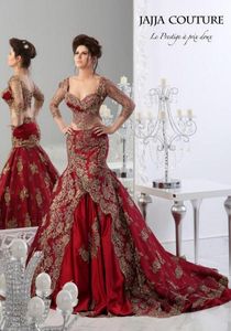 Rouge dentelle formelle sirène robes de bal 2020 arabe Jajja-Couture broderie col en V Vestidos robes de soirée avec voir à travers 3/4 manches longues