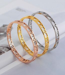 2014 moda plata oro rosa amarillo 316L acero inoxidable hueco números romanos brazalete joyería para mujeres 7202697