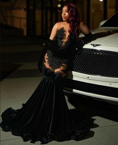 Sexy Black Lace Appliques Mermaid Black Girl Prom Dress 2024 Velvet Beads Sheer Mesh Graduation Formal Party Evening Gowns Robe De Bal 0223