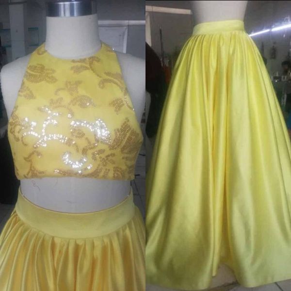 Sparkly 2019 Dos piezas Vestidos para niñas Vestidos con cuello halter Sin mangas Lentejuelas Crop Top Amarillo claro Vestidos formales para niños Imagen real