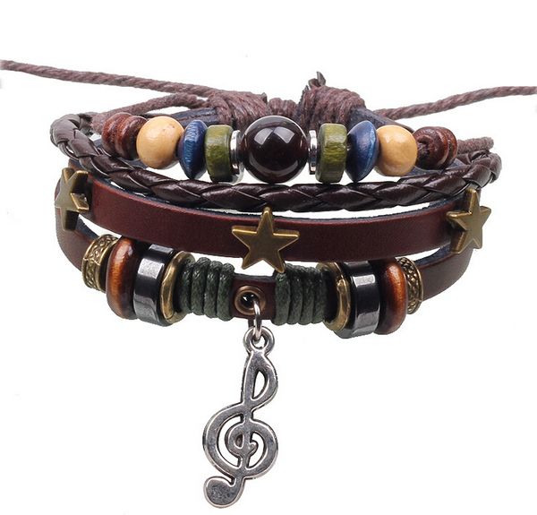 2014 vente chaude mode multicouche cuir bracelets bracelets bracelets vintage trois étoiles note musicale bracelet pendentif pour femmes hommes