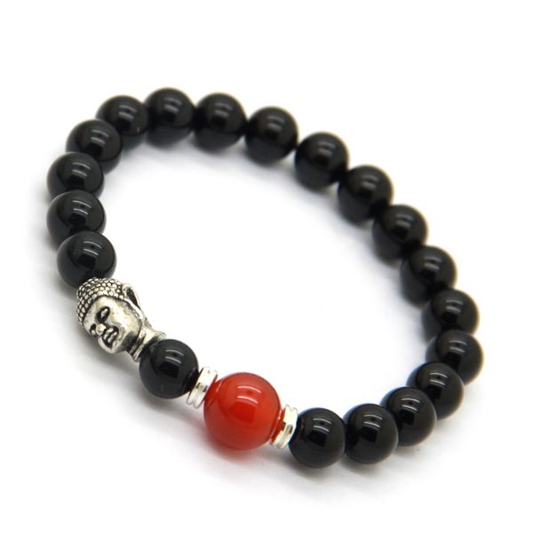 Gran oferta de joyería, cuentas de piedra de ágata negra Natural, pulsera de meditación de Yoga de Buda de plata antigua para regalo de hombres y mujeres