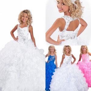 Witte baljurk kristallen kralen meisjes pageant jurken ruches organza kleine meisjes prom feestjurken bloem meisje jurk voor bruiloft