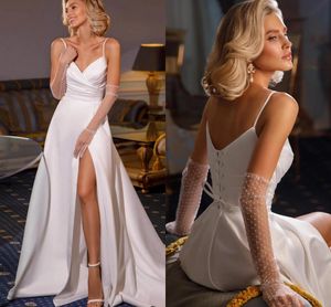 Robes de bal en satin blanc doux sexy une ligne bretelles spahgetti fente robes de soirée corset dos nu longues femmes robes d'occasion formelles