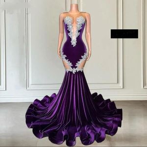 Superbes robes de bal de sirène en velours violet pour filles noires 2024 robes de soirée pure bijou cou appliques volants longs robes de bal BC18274