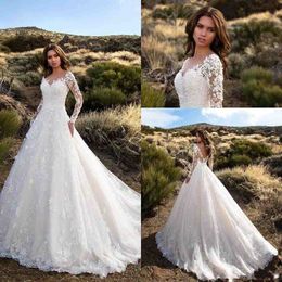 2019 Modeste Pas Cher Une Ligne Robes De Mariée 3D Fleurs Florales Appliques En Dentelle Manches Longues Balayage Train Dos Ouvert Plus La Taille Robes De Mariée