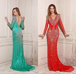 Vente chaude robes de soirée de célébrités avec Sexy luxe Bling pierres perlées Deep V Cou pure manches longues Backless sirène robes de bal 2015