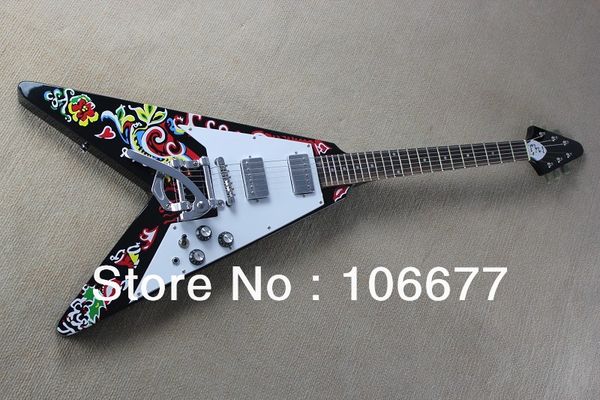 2014 nueva llegada de alta calidad tienda personalizada Jimmy 1005 Flying V con flores cuerpo guitarra eléctrica *** envío gratis