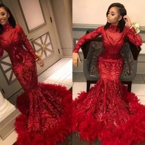 2022 Prachtige Sparkly Red Mermaid Avondjurken Lovertjes met Veren Lange Mouw Afrikaanse Black Girl Prom Dresses Formal Party Gown BES121