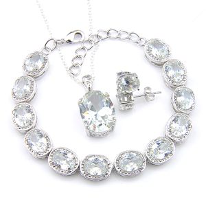 3 pièces/ensemble femmes mariages bijoux Bracelet pendentifs boucles d'oreilles ensembles ovale blanc feu topaze 925 argent collier mode accessoires de mariée