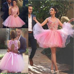 Zei Mhamad 3D Floral Applique Homecoming Jurken 2016 Nieuwste Baby Pink Tulle Puffy Short Cocktail Dress Beaded Bow Sash-jurken