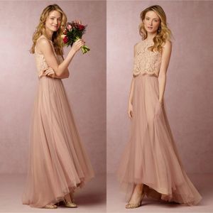 2020 Vintage Blush Pink Dos piezas Vestidos de dama de honor Encaje Crop High Low Beach Vestidos de dama de honor Vestidos de fiesta de boda por encargo