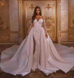 Mermaid Wedding Jurken 2023 Luxe met afneembare rok Appliqued Arabische trompet Bridale jurken Lange mouwen Boheemse gewaad de BC12776 GC0901