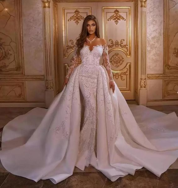 Vestidos de novia de sirena 2023 Lujo con falda desmontable Apliques Vestidos de novia de trompeta árabe Mangas largas Vestido bohemio De BC12776 GC0901