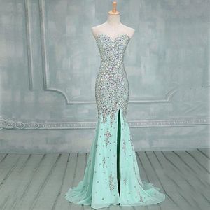 Sweetheart Mermaid Elegant Mint Prom Dresses Side Spleet Beaded Silver Stones Avondjurken Sparkly Sexy Formele Lange Pageant Custom Dress