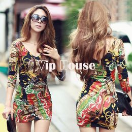 2014 Sexy Plus Size Dress Print Floral mini bodycon manga larga fiesta noche casual nueva moda club wear invierno 9014