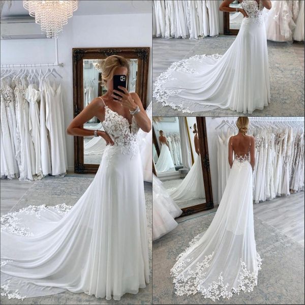 Precioso encaje Una línea Vestidos de novia bohemios Sexy Nuevos tirantes finos Apliques de gasa Vestidos de novia largos de playa Espalda abierta Batas de matrimonio BC16263 0229