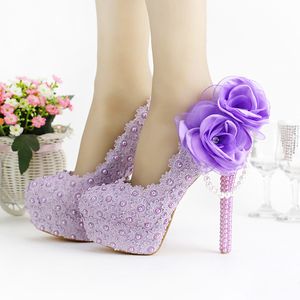 Chaussures de mariage romantiques à talons Super hauts violets, belles chaussures de robe de mariée en dentelle faites à la main avec Appliques, chaussures de demoiselle d'honneur