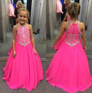 Fuchsia Halter Chiffon Meisjes Pageant Jurken Beaded Rhinestones Top Een Line Lengte Meisje Pageant Jurken BA7601