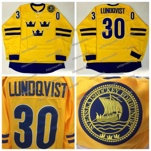 2014 EQUIPO SUECIA Hockey Jerseys Hombres 30 Henrik Lundqvist Vintage Amarillo Ed Jersey S-Xxxl Ice Jersey