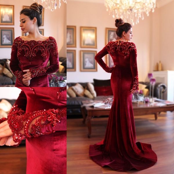 2018 arabe islamique Abaya à Dubaï robes de soirée musulmanes encolure dégagée velours rouge foncé dentelle perles de cristal à manches longues sirène robes de bal