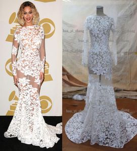 2015 vestidos de Beyonce Vestidos transparentes de celebridades Manga larga transparente Tren de la corte de sirena Vestidos de alfombra roja de noche Imágenes reales4921496
