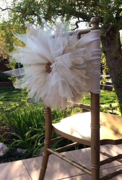 2015 Big Flowers Crystal Beads Romantic Hand Mated Tulle Ruffles Chair chaise Couvure de chaise de mariage Accessoires de mariage 3124273