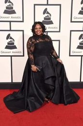 2018 Grammy Awards Plus Size Avondjurken Hoge Hals Kant Lange Mouwen Hoge Lage Custom Made Back Rits Formele Gelegenheid Toga