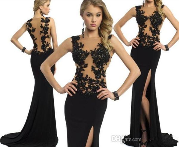 Robes de soirée noires noires 2015 Long Sexe Sheer Sheer Backless High Side Slit Pageant Gown Per perle Applique Maxi Sweep Train Part8662438