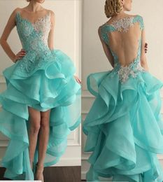 2015 Blue Prom Dresses Illusion Crew Neckline Organza Lace AppliquesRuffleBeads Sheer Back High Front en Low Back Evening Dress8842052