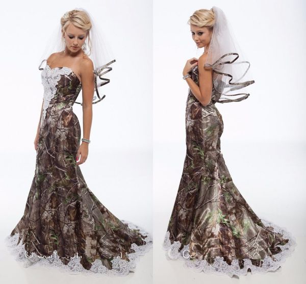 2015 Camo Robes De Mariée Plus Voiles Vintage Chérie Dentelle Sirène Camo Robes De Mariée Dos Nu Balayage Train Camouflage Robes De Mariée