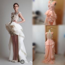 2015 beroemdheid avondjurken organza hi-lo arabische sexy prom bruids jurken met applique hand werken en asymmetrische trein trouwjurken