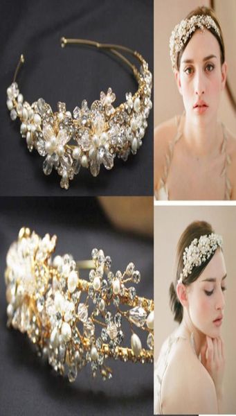 2015 Diadema de cristal con pieza de pelo de aleación de oro Perlas Accesorios nupciales Ramitas Miel Inspired5598066