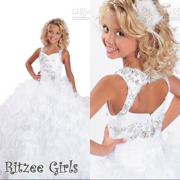 2015 Cristaux Perlés Pageant Robes pour Petites Filles Ritzee Bretelles Spaghetti De Luxe Volants Étage Longueur Fleur Fille Petites Robes Formelles