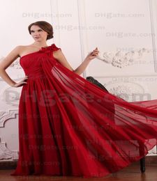 2015 Dark Red A Line Chiffon Evening Jurken Bloemde een schouder Ruches Prom Dressess MZ078897899