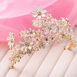 Mode bruids tiaras gouden kroon luxe strass hoofdstukken hand ambacht bloem bruid haar accessoire pageant prom tiara