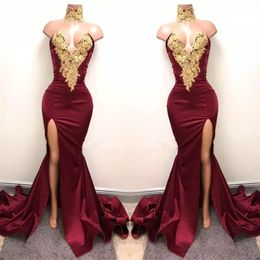 2017 nieuwe sexy afrikaanse burgundy prom jurken avondkleding zeemeermin gouden kant geappliceerd front split 2k18 elegante formele avond feestjurken