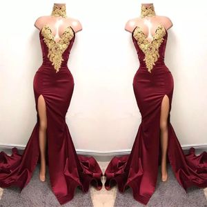 2017 nieuwe sexy afrikaanse burgundy prom jurken avondkleding zeemeermin gouden kant geappliceerd front split 2k18 elegante formele avond feestjurken