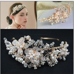 2015 Or Vintage Bijoux de Mariée Coiffure Imitation Perle Accessoires de Cheveux Cristal Bandeau Bandeaux Nuptiale Couronne Tiara De Mariage Jewl HT17