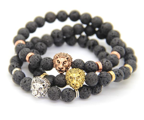 Gran oferta 2015, joyería para hombre, venta al por mayor, pulseras con cabeza de león antiguo de piedra de Lava de 8mm, el mejor regalo para fiesta